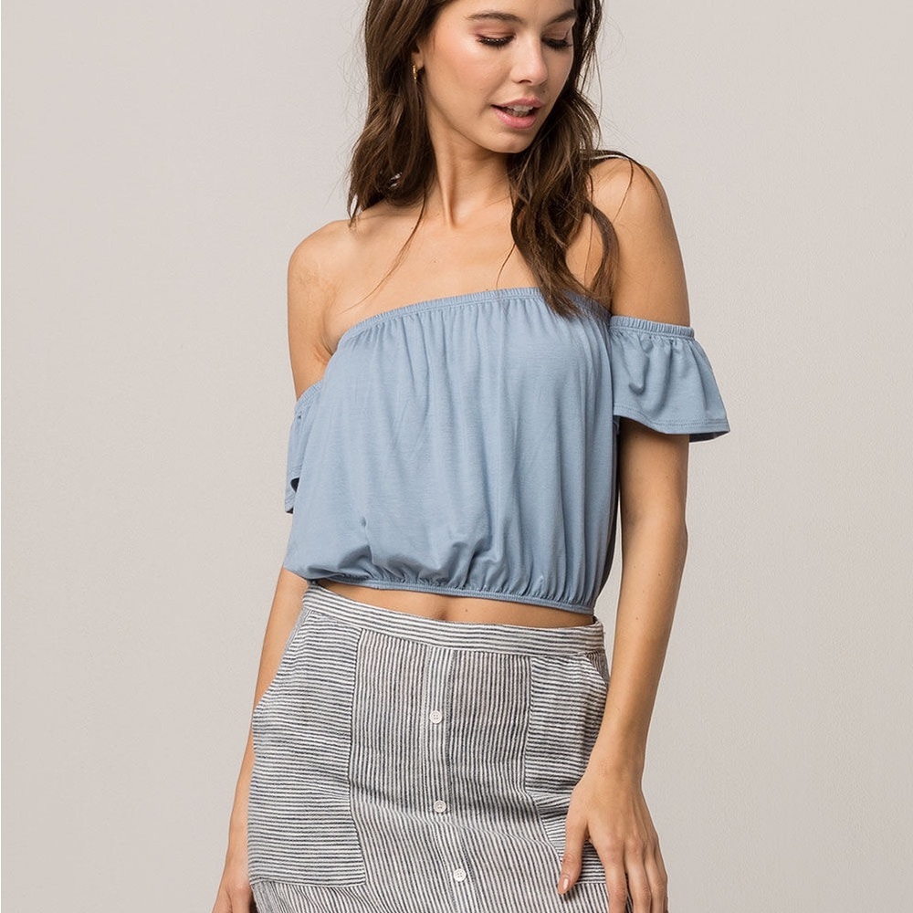 Ivy & Main Off The Shoulder Light Blue Crop Top